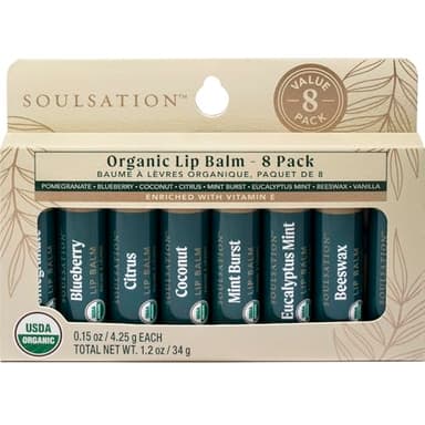 Soulsation Organic Lip Balm Set, 8 Flavors - Hydrating for Cracked & Dry Lips, For Men & Women, Enriched with Vitamin E