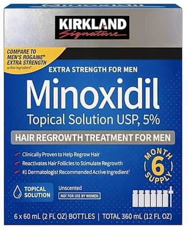 KIRKLAND Signature Minoxidil 5% Hair Regrowth Treatment for Men | 6 Months Supply | Topical Solution | Extra Strength | Clinically Proven | Unscented Drops | Dropper Included