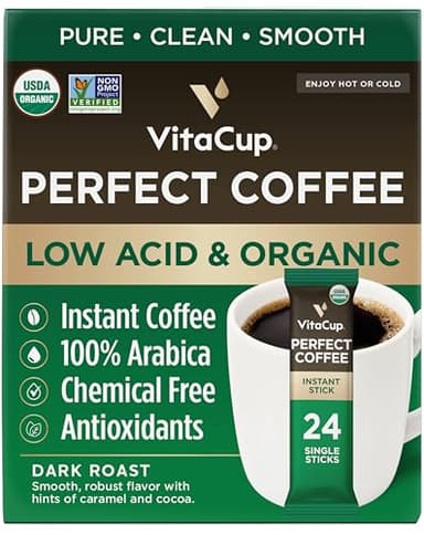 VitaCup Perfect Low Acid Instant Coffee Packets, Dark Roast Coffee, USDA Organic & Fair Trade, Third Party Tested for Mycotoxins & Pesticides, Single Origin, Clean & Pure, 24 ct