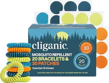Cliganic Mosquito Repellent Bracelet Stickers Pack for Kids & Adults Multi Color, Natural DEET-Free, Essential Oil Infused 20 Bands with 30 Patches, Citronella Scent