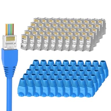 Brileine 50-Pack Cat 6 Shielded Pass Through RJ45 Connectors + 50Pack RJ45 Strain Relief Boots, 8P8C Modular Ethernet STP Network Cable Plug End for Cat6 Cat5e
