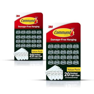 Command Outdoor Light Clips, 40 Clear and 48 Strips, Damage Free Hanging with Weather Resistant Strips, Wall Clips for Hanging Outdoor Lights and Cable Management