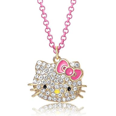 Hello Kitty Sanrio Pave Crystal Pendant Necklace for Women Official License, 16"+3" Sparkly Necklace with Neon Pink Chain