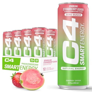 C4 Smart Energy Drink - Sugar Free Performance Fuel & Nootropic Brain Booster, Coffee Substitute or Alternative | Strawberry Guava 12 Oz - 12 Pack