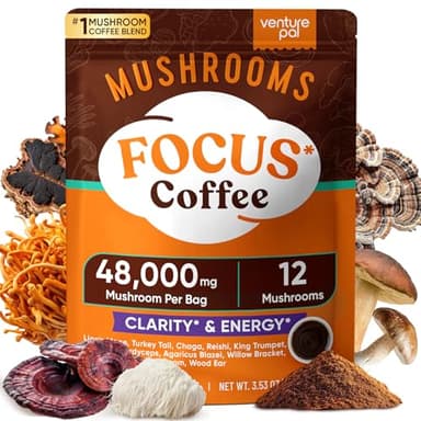 Venture Pal 48000mg Mushroom Coffee with 12 Adaptogenic Mushrooms, Lion's Mane, Cordyceps, Turkey tail, Reishi, Ashwagandha & Probiotics, Instant Coffee for Focus, Digestion & Immunity, 40 Servings