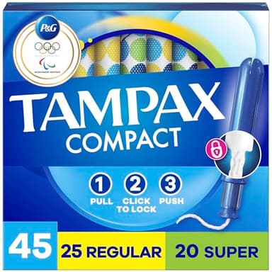 Tampax Compact Pearl Tampons for Women Multipack, with LeakGuard Braid & Extendable Applicator, Regular/Super Absorbency, Compact Extendable Applicator, Unscented, 45 Count
