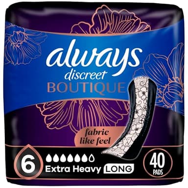 Always Discreet Boutique Incontinence Pads, for Bladder Leaks, Extra Heavy Absorbency, Long Length, 40 Count (2 Packs of 20)