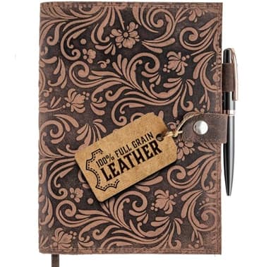 moonster Leather Journals for Women for Writing - Flower Journal, Refillable Leather Bound Journal - Vintage Leather Notebook Journal, 320 Lined Pages A5 with Metallic Grey and Rose Gold Luxury Pen