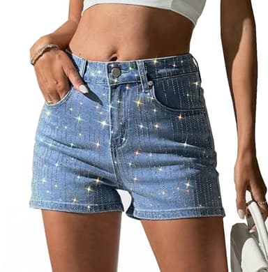 heipeiwa Women's Rhinestone Jean Shorts High Waisted Denim Shorts Sparkle Shiny Sequin Glitter Party Y2K Outfits
