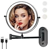 MIROAMZ Rechargeable Wall Mounted Lighted Makeup Vanity Mirror 8 Inch Double Sided 1X 10X Magnifying Bathroom Mirror, 3 Color Lighting, Touch Screen Dimming, 360 Rotation Shaving Mirror
