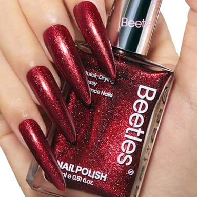 Beetles Nail Polish Red Glitter 1Pcs 15ml Ruby Radiance Fast Drying & Long Lasting Nail Polish Shimmer Red Color Art Effect for Christmas Nail Salon DIY Manicure