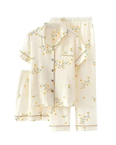 codcm Womens 3pcs Cotton Pajamas Set Short Sleeve Sleepwear Fruit Print Cute Pj Set with Long Pants(Flower,Large)
