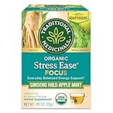 Traditional Medicinals Tea, Organic Stress Ease Focus, with Adaptogens, Everyday Balanced Energy, Ginseng Wild Apple Mint, 16 Tea Bags