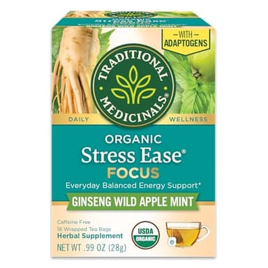 Traditional Medicinals Organic, Stress Ease Focus, Ginseng Wild Apple Mint Tea - Balanced Energy Support & Adaptogens - Kosher, Non-GMO, Caffeine-Free, Compostable - 16 Tea Bags