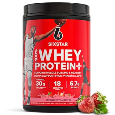 Six Star Whey Protein Powder Plus - Muscle Building & Recovery Formula with Whey Isolate Powder, BCAAs, 30g Protein, Immune Support - Post-Workout Supplement - Strawberry Smoothie, 1.8 lbs