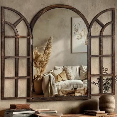 LAWADA Arched Wall Mirror with Wood Window Frame, 36x24 Vintage Rustic Arch Farmhouse Mirror for Wall, Living Room, Bedroom, Entryway(Brown)
