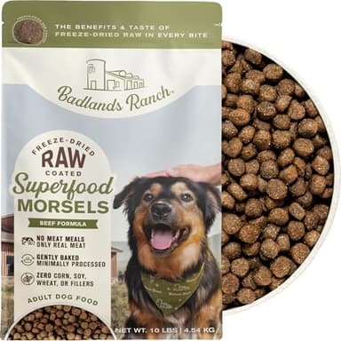 BADLANDS RANCH Superfood Morsels Beef Formula Dry Dog Food, Freeze-Dried Raw Coated Kibble with Real Meat & Nutrient-Rich Ingredients, 10 lb Bag