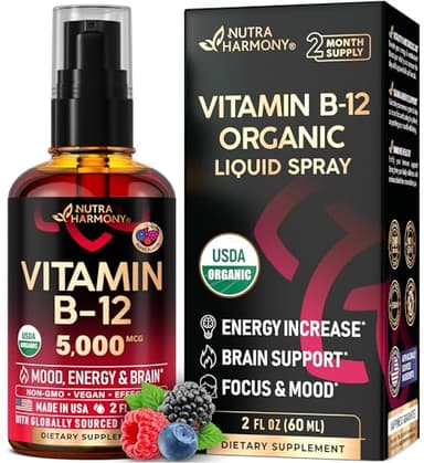 USDA Organic Vitamin B12 Sublingual Spray - 5000 mcg Liquid Vegan Methylcobalamin for Women & Men - Energy Boost, Focus & Mood, Brain Health Support - Maximize Absorption - 2 Month Supply, 2 fl oz