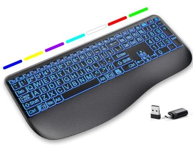 Large Print Backlit Wireless Keyboard – Silent Keyboards with Wrist Rest, 7-Color Light up, Quiet Low Profile Keys, 2.4G Wireless Rechargeable Full Size Keypad for Computer Laptop Windows, Black