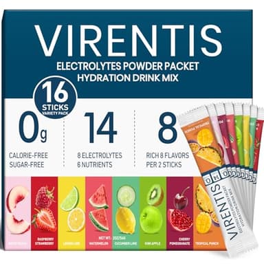 VIRENTIS 16 Sticks Electrolytes Powder Packets Sugar Free Hydration Packets, 8 Flavors Liquid Daily IV Electrolyte Drink Mix for Rehydration with 8 Electrolytes & 6 Vitamins, 0 Calorie, Low Sodium