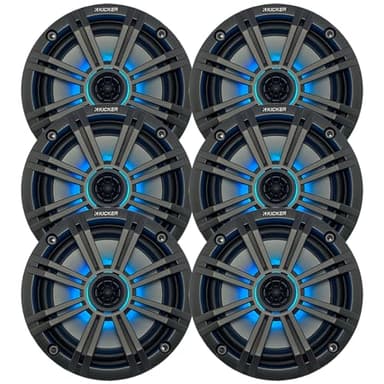 KICKER 6.5" 195 Watt Peak Power Marine OEM Replacement RGB Multicolor LED Boat Audio Speakers (Qty 6) with Charcoal Grilles