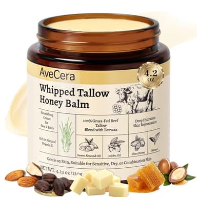 Upgraded 4.23Oz Tallow and Honey Balm for Skin Face - 100% Grass Fed Whipped Beef Tallow Organic Jojoba Oil Shea Butter for Body Face Moisturizer - Natural Unscented for Dry & Sensitive Skin Care