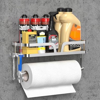 YIGII Garage Paper Towel Holder with Shelf, 2-in-1 Wall Mounted Shop Paper Towel Roll Holder, Stainless Steel Adhesive Spice Rack with 4 Hooks for Kitchen and Tool Room, Silver