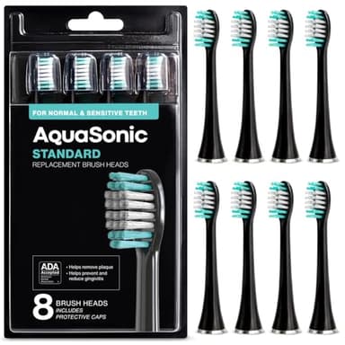 AquaSonic Genuine Standard Replacement Brush Heads | ADA Accepted | for Normal & Sensitive Teeth | Compatible with Many AquaSonic Toothbrush Handles (8 Pack Black)
