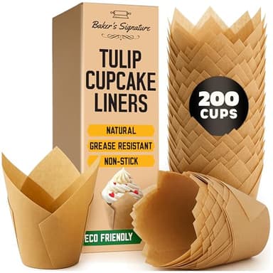 Tulip Cupcake Liners, Muffin Liners for Baking by Baker’s Signature – 200pcs of Parchment Paper Cups Cupcake Wrappers – Perfect Size, Sturdy, Greaseproof & Easy to Use – Wedding Decor – Natural Brown