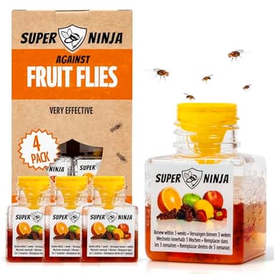 Super Ninja Fruit Fly Traps for Indoors - 4 Pack, Highly Effective Fruit Fly Catcher for Indoor Use for Home & Kitchen, Up to 3 Weeks of Performance per Bottle, Kid & Pet Friendly