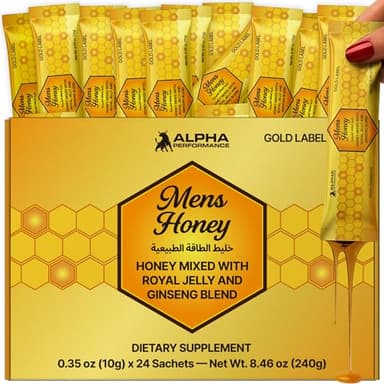 Mens Gold Honey - Royal Jelly Honey for Men, Extra Strength Quality, Herbal Superfood Mix - Raw & Natural Energy & Power Supplement, No Added Sugar - 24 Individual Packets, 10g