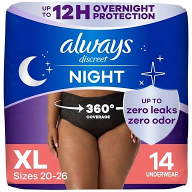 Always Discreet Overnight Adult Incontinence & Postpartum Bladder Leak Underwear for Women, Disposable, XL, 14 Count