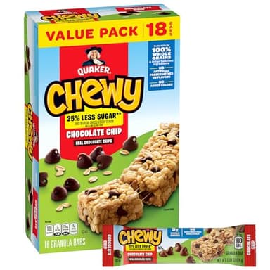 Quaker Chewy Granola Bars, Reduced Sugar Chocolate Chip, 18 Pack