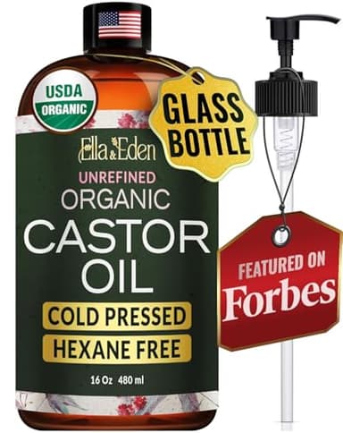 Ella & Eden USDA Organic Castor Oil – Cold Pressed Hexane-Free - Glass Bottle - For Hair Growth, Face, Eyelash, Skin, Stomach - 100% Pure Unrefined 16 Fl Oz