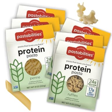 Pastabilities, Protein Pasta, Variety Pack (Penne & Ruffles - 24g Protein & Low Carb, 17g Net Carbs - High Protein, Delicious Taste & Texture Non-GMO Plant-Based Pasta, Keto Friendly, Vegan (8 Ounce, 6 Pack)