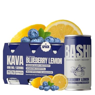 Bashi - Kava Drink Experience - Natural Relaxation & Stress Relief - Plant-Based Kava Extract - Non-Alcoholic, Caffeine Free - Blueberry Lemon 8oz - 6 Pack