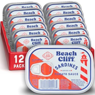Beach Cliff Wild Caught Sardines in Tomato Sauce, 3.75 oz Can (Pack of 12) - 16g Protein per Serving - Gluten Free, Keto Friendly - Great for Pasta & Seafood Recipes