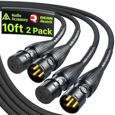 AA AUDIO ACCESSORY XLR Cables 10ft 2 Pack, Neutrik REAN Gold-Pin Connectors, 21AWG OFC, Kevlar-Reinforced 10X Heavy Duty Nylon Braided, Dual Shielded Noiseless Balanced Microphone Cable for Shure Mic