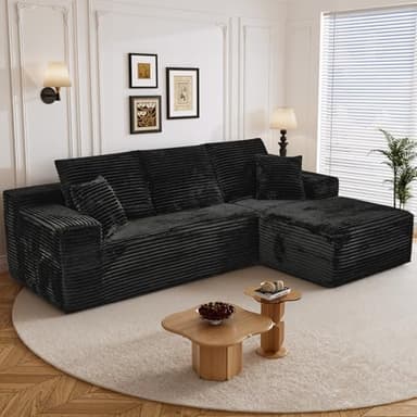Repantes 108" L Shaped Boneless Sectional Couches for Living Room, Comfy Corduroy Floor Cloud Sofa with Chaise, Wide Armrest, Deep Seat, Memory Foam, Assembly Free, Ideal for Small Spaces, Black