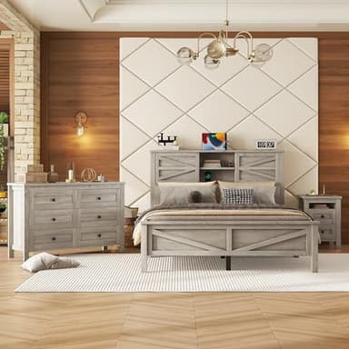 Farmhouse 3-Pieces Bedroom Sets, Queen Size Platform Bed with a Nightstand and 6-drawer Storage, Wood Platform Bed with Double Sliding Door Storage Headboard and Charging Station (Antique Gray-3)