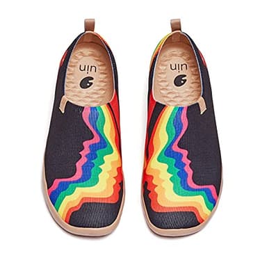 UIN Women's Slip Ons Knitted Lightweight Sneakers Walking Casual Loafers Comfortable Art Painted Travel Shoes Rainbow Love B (8)