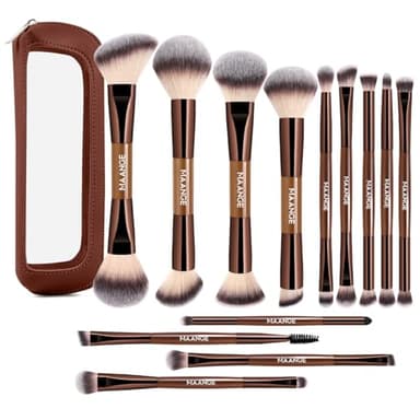 MAANGE 13 Pcs Foundation Makeup Brush Set With Bag, Make up Brushes, Double-End Multi Functional Makeup Brushes, Professional Face Brush Set Tools For Liquid Powder Concealer Cream Blush (Coffee)