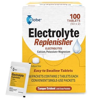 Globe Electrolyte Replacement Tablets for Rehydration, Exercise Recovery, Youth & Adult Athletes, Hiking, Camping, & Sports Recovery and More... 50 Packets of 2 Tablets Each, 100 Count