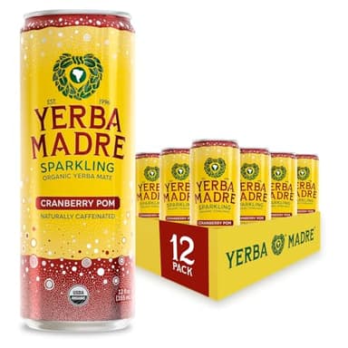 Yerba Madre Organic Sparkling Yerba Mate, Cranberry Pom, 115mg Natural Plant Based Caffeine, Smooth Energy & Focus, Carbonated, 12oz Cans (Pack of 12) (Packaging May Vary)