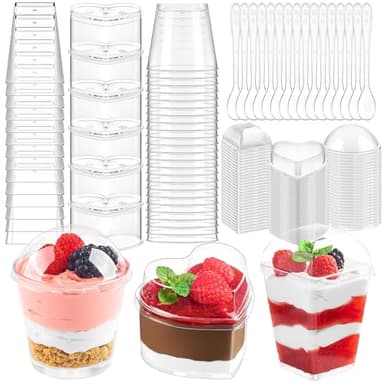 Qeirudu 410 Pcs 5/6 Oz Mini Dessert Cups with Lids and Spoons, Round, Square and Heart Plastic Parfait Cups Clear Dessert Shooters for Party Serving Appetizer, Fruits, Puddings, Ice Creams