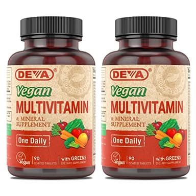DEVA Vegan Multivitamin & Mineral Supplement with Iron 2-Pack, Spirulina, Chlorella, Ashwagandha, Broccoli & More, 90 Coated Tablets Each