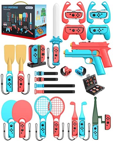 Switch Sports Accessories Bundle - HOZKAII 22 in 1 Family Accessories Kit Pack for Nintendo Switch/OLED Sports Games with Charging Dock, Game Guns, Tennis Rackets, Golf Clubs, Wrist Bands & Leg Strap