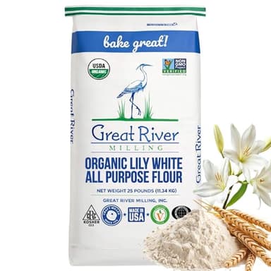 Great River Milling Lily White Organic All-Purpose Flour | Unbleached & Unbromated | Non-GMO, Kosher | Ideal for Bread, Cookies, Cakes, Pizza Dough & Everyday Baking | 25 Lb