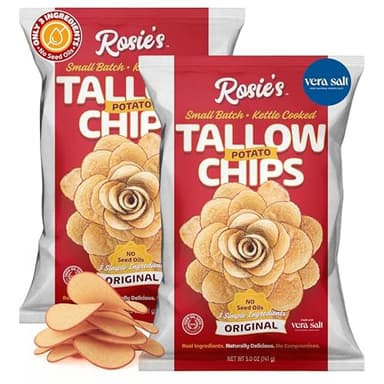 Rosie’s Beef Tallow Chips – Kettle Cooked Potato Chips in Grass Fed Beef Tallow – Non-GMO Idaho Potatoes with Vera Sea Salt – Seed Oil Free Snacks – 5oz Bags (2 Pack)