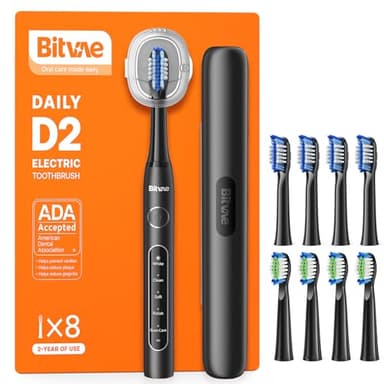 Bitvae ADA Accepted Electric Toothbrush, Travel Toothbrush Rechargeable for Adults and Kids, 60-Day Battery, 5 Modes, 8 Heads, Portable Travel Case & Holder, Shadow Black